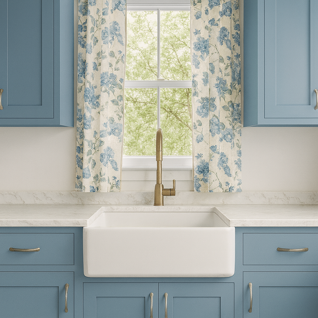 A kitchen with blue cabinets and a sink
