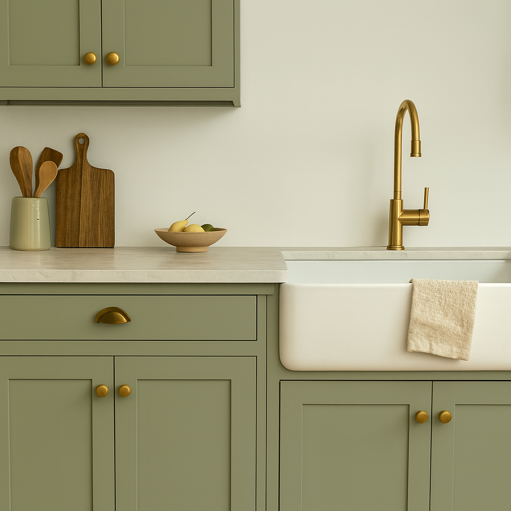 A kitchen with green cabinets and a sink
