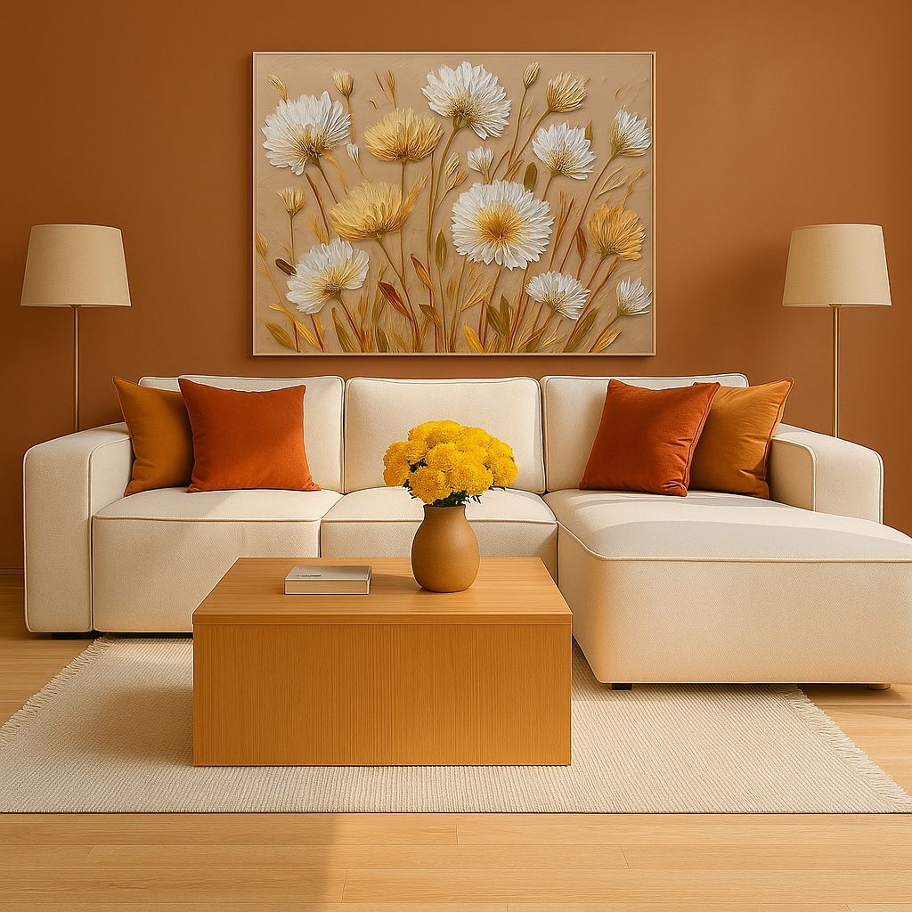 A living room with a painting of flowers