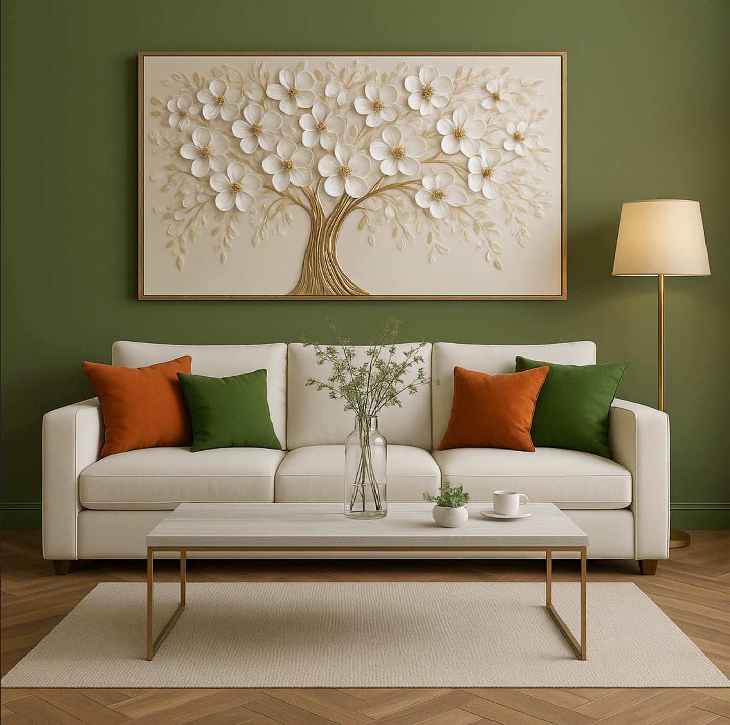 A white couch with orange pillows and a coffee table with a painting on the wall