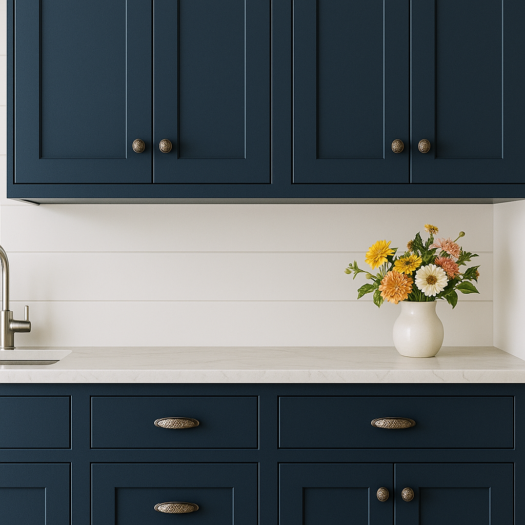 Blue kitchen cabinets with white marble countertop.
