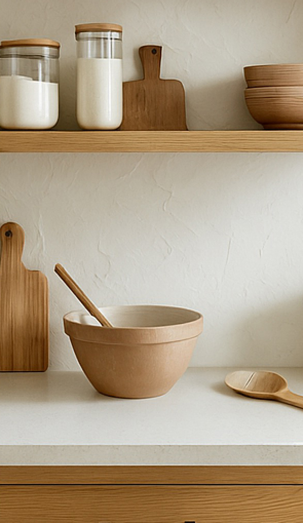 A wood shelf with bowls and spoon on a counter.