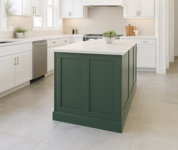 A kitchen with a green island and cermaic or porcelain tile flooring. 