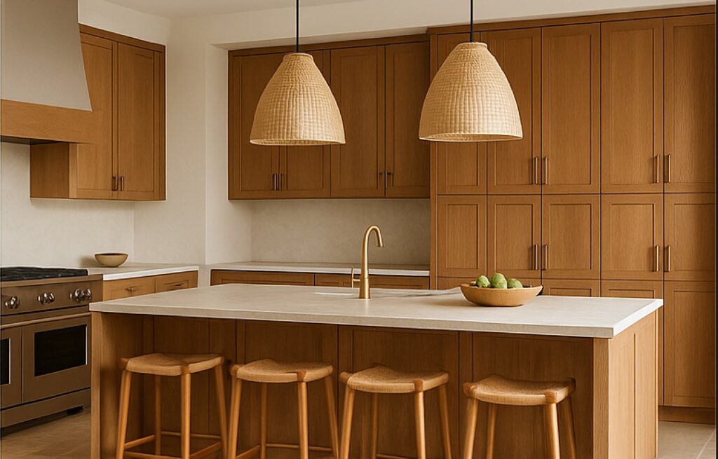 A kitchen with wood cabinets a white island and pendant lighting.