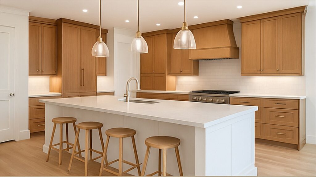 A kitchen with a white island and wooden cabinets and pendant lights.