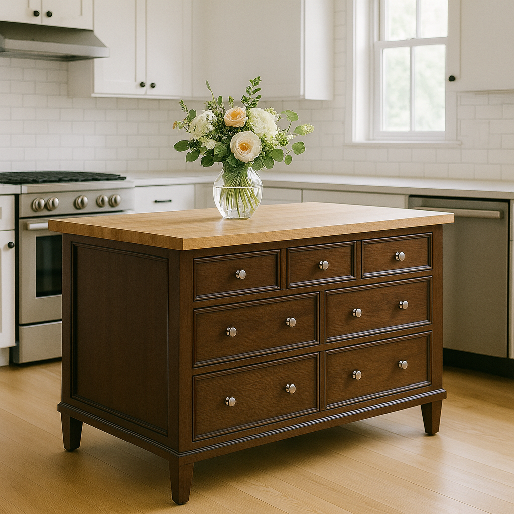 Narrow furniture, such as console tables or sideboards, can be refinished and topped with durable surfaces, making them perfect for coffee bars, baking stations, or extra prep counters.
