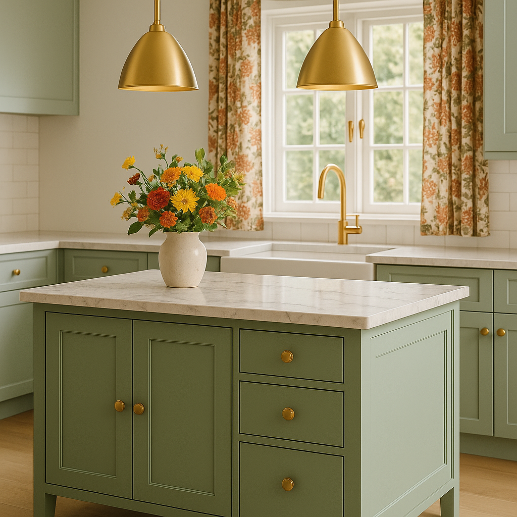 A painted kitchen island with a marble countertop.