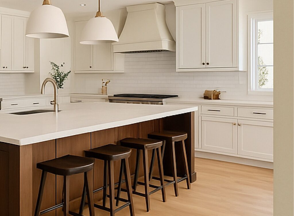 A kitchen with white cabinets and white countertops with wood flooring.