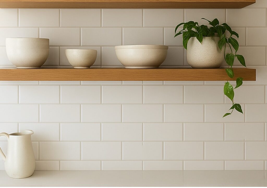 A wood shelf with bowls and plants on it.