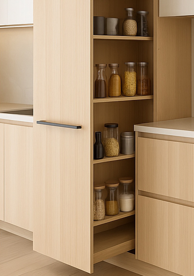 A pull out shelf with spices and herbs in it