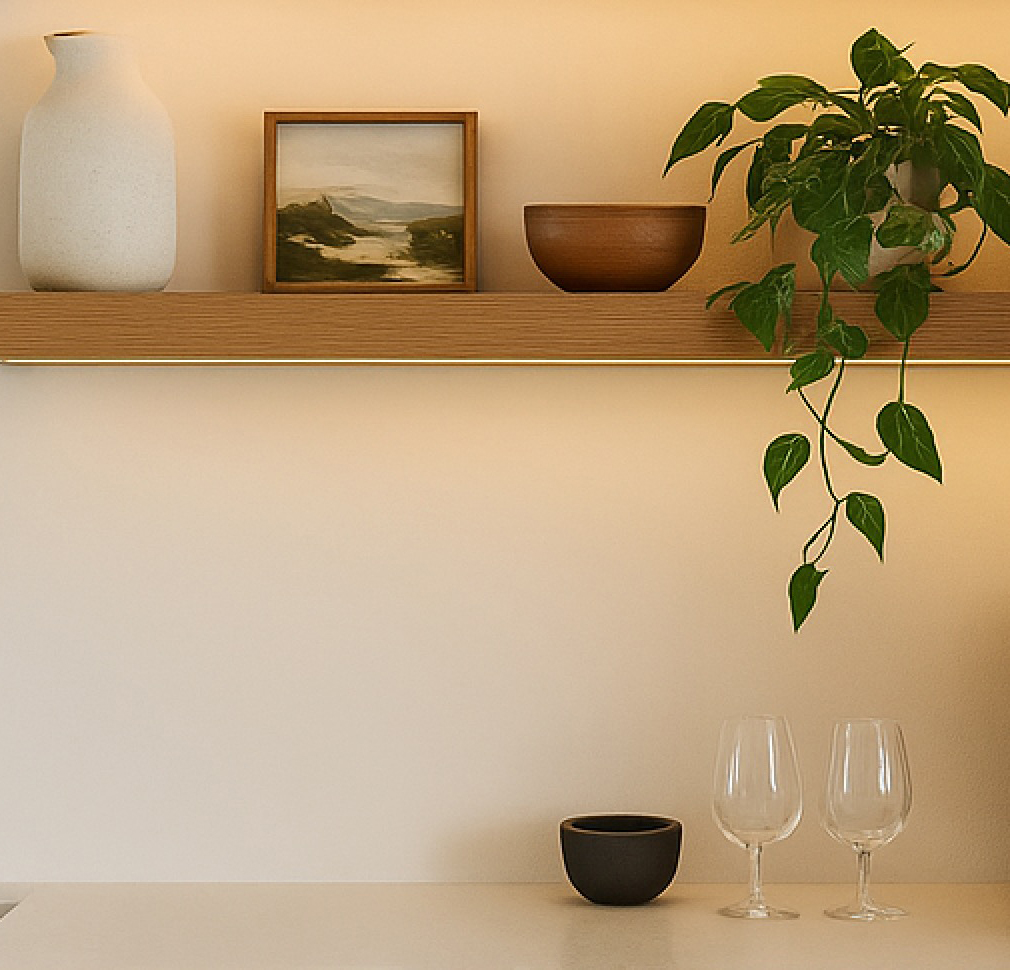 A vase and wine glasses on a wood shelf.