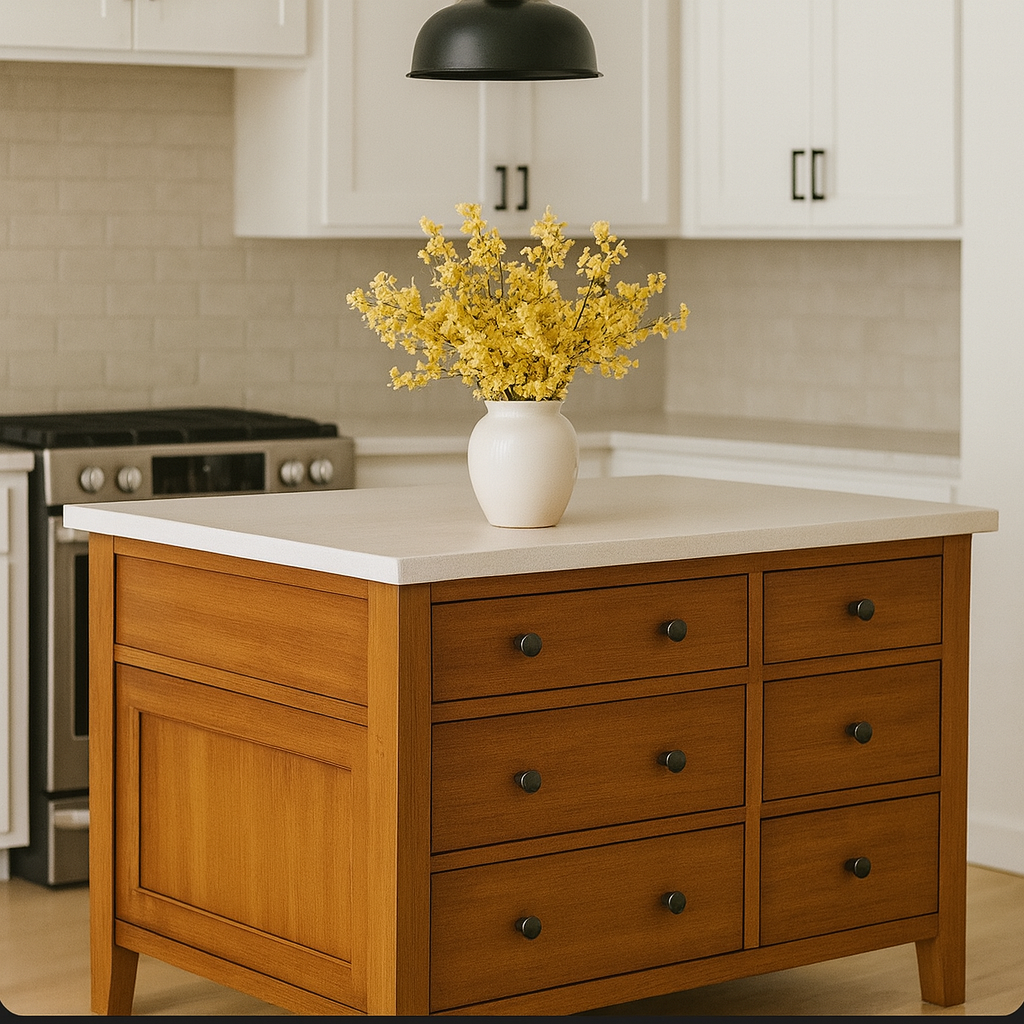 Turn a vintage dresser into a custom island by adding a butcher block or stone top, fresh paint, and extra storage.