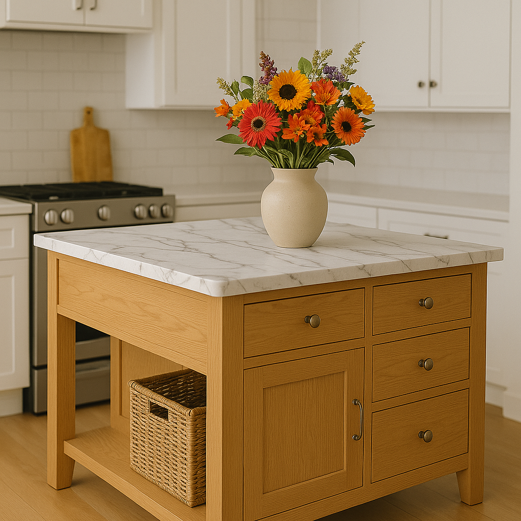 A vase of flowers on a marble island are Kitchen Remodel Ideas That Will Elevate Your Space