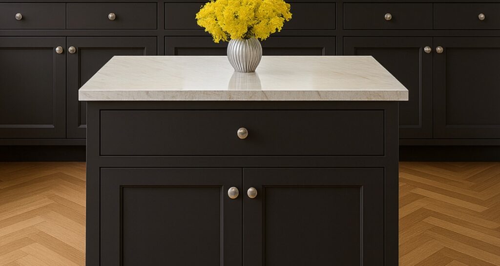 A kitchen with wood flooring