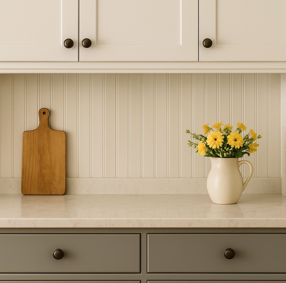 A white painted kitchen cabinets with a marble countertop.