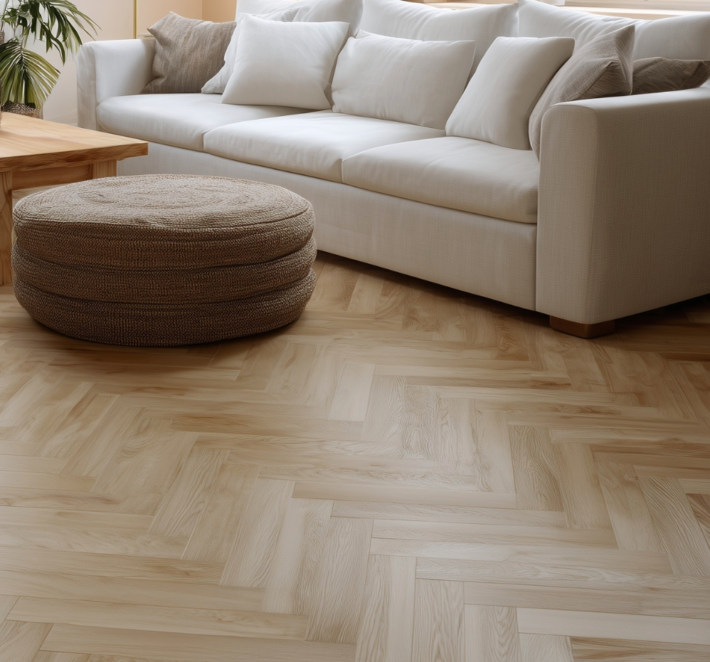 A couch and a coffee table in a room on Warm, Earthy Flooring