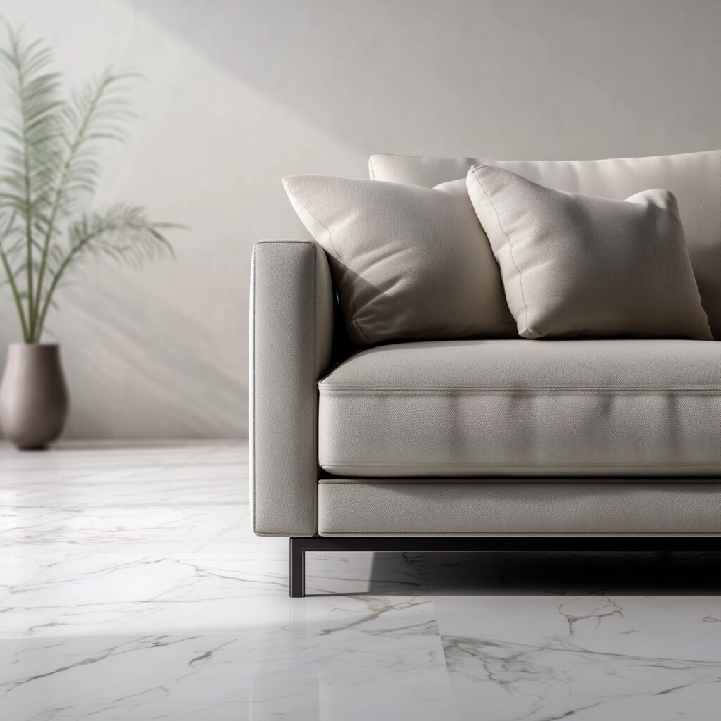 A couch in a room with Porcelain Tile