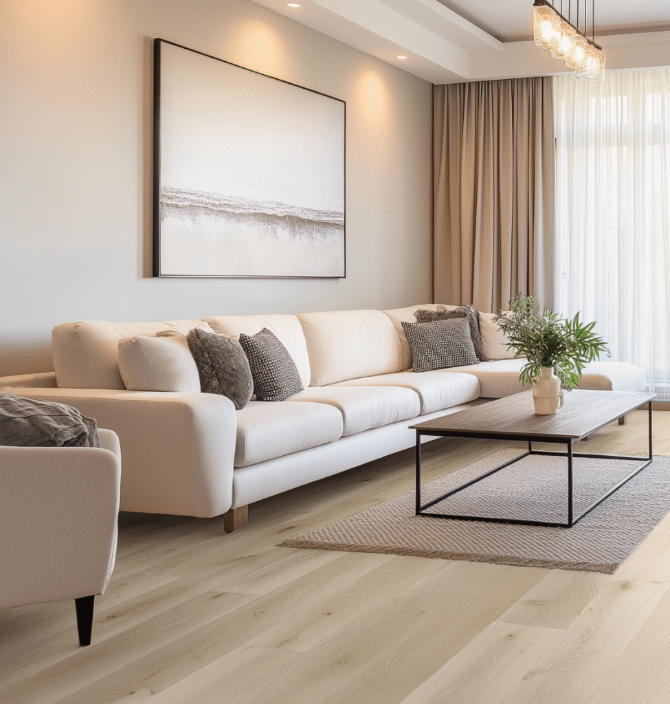 A living room with a couch and a coffee table on Warm, Earthy Flooring