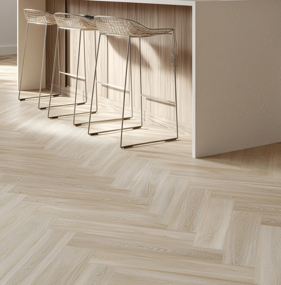A row of stools in a room on Warm, Earthy Flooring