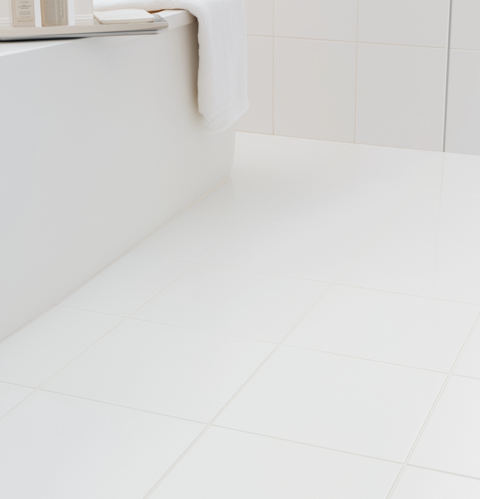 A white porcelain tile floor with a bathtub and a towel