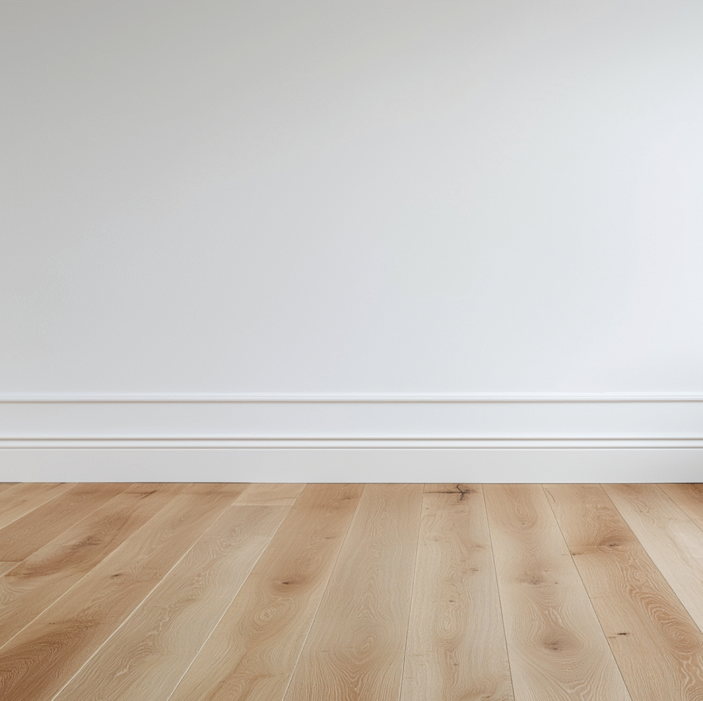 A white wall and Warm, Earthy Flooring