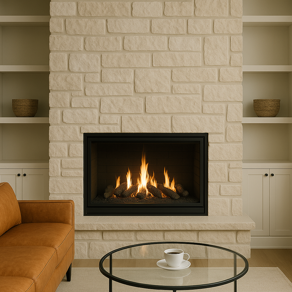Stone fireplace remodel with natural limestone surround in Frisco TX home