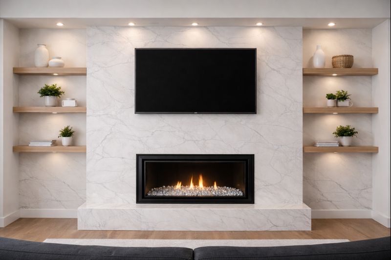 Fireplace and TV media wall remodel with built in storage in Frisco TX living room