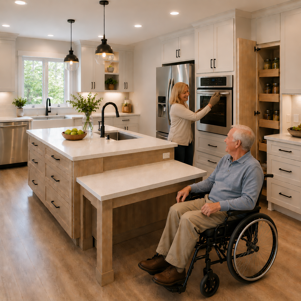 Accessible kitchen design with pull-out storage and wider walkways