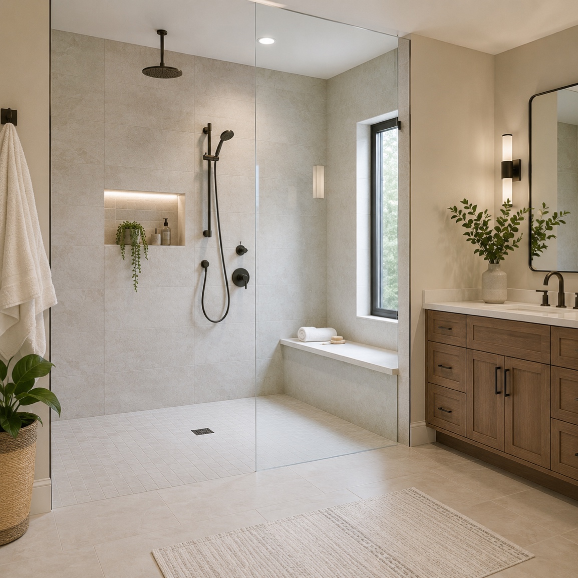 Zero-threshold walk-in shower for aging-in-place bathroom remodeling