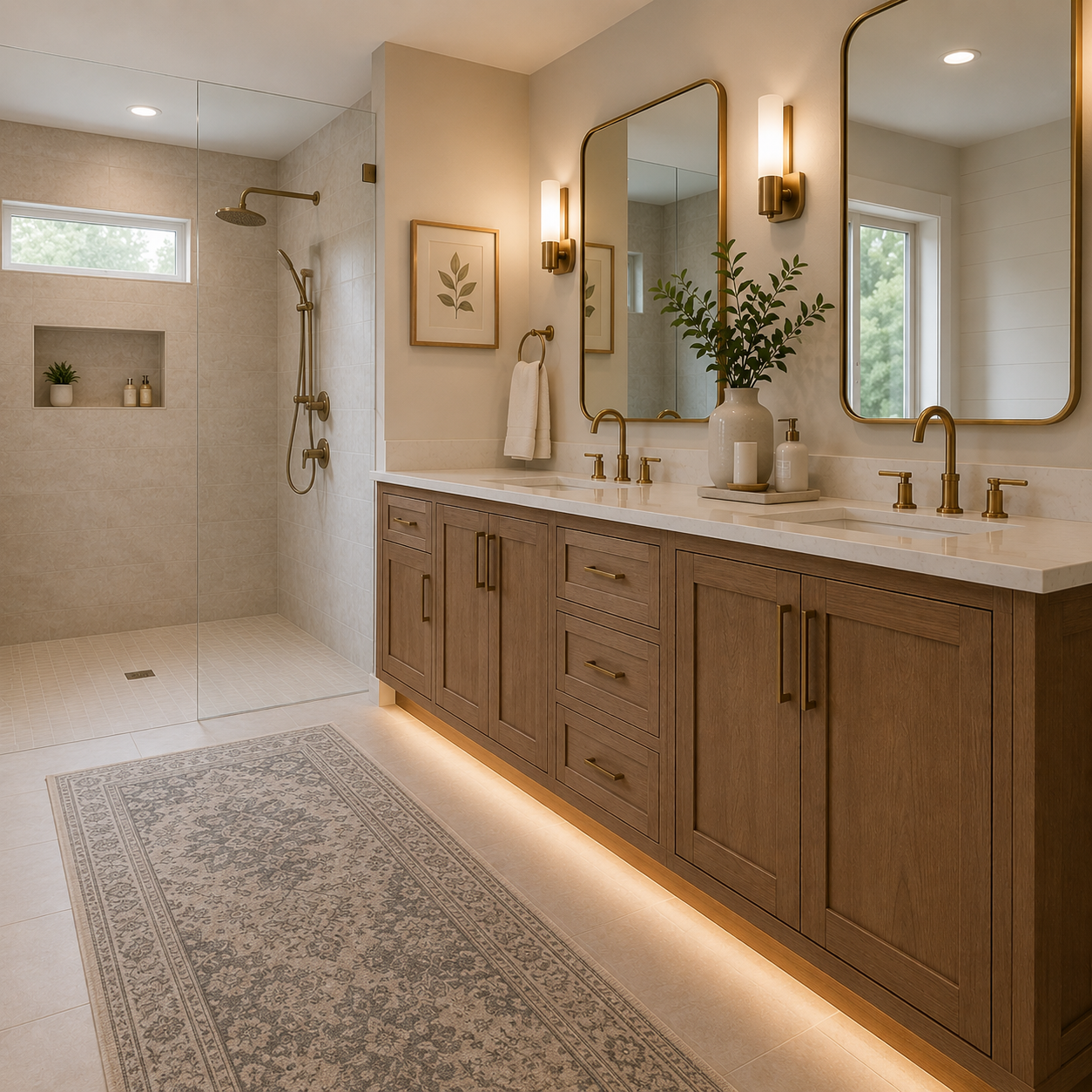 Luxury curbless shower with accessible modern bathroom design