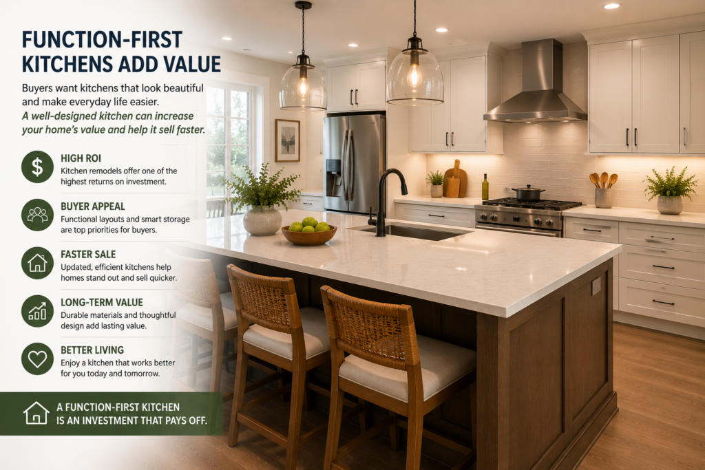 Function-first kitchen infographic showing how smart layout, storage, and durable materials can add home value