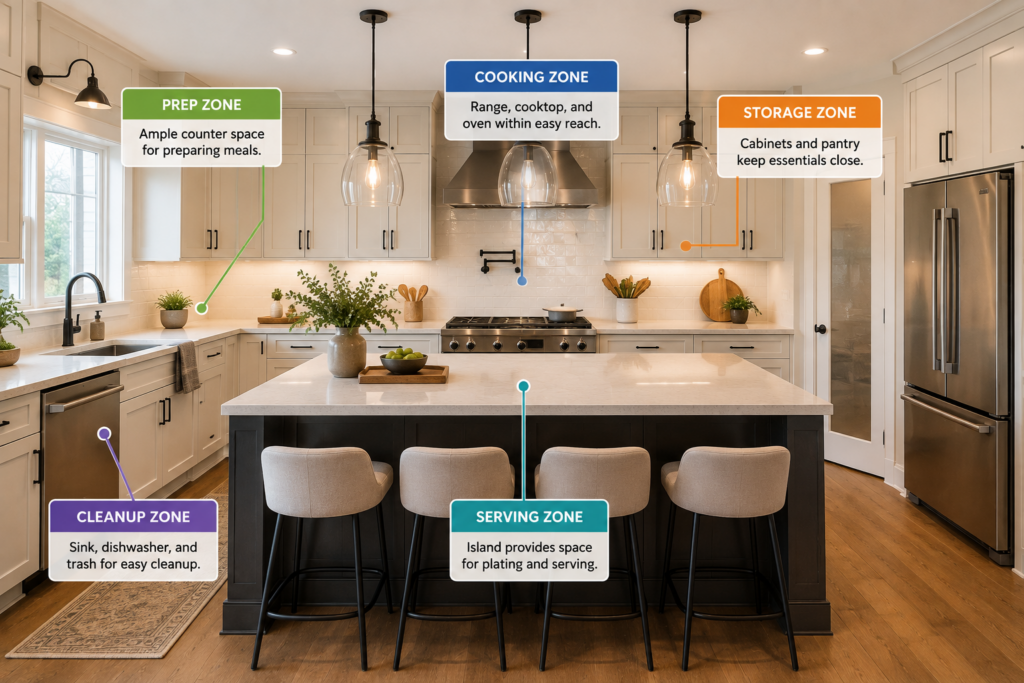 Kitchen work zones infographic showing prep, cooking, and storage areas in a functional kitchen layout