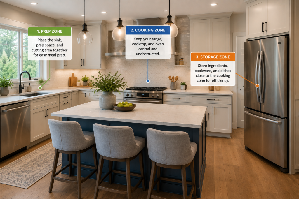 Kitchen work zones infographic showing prep, cooking, and storage areas in a functional kitchen layout