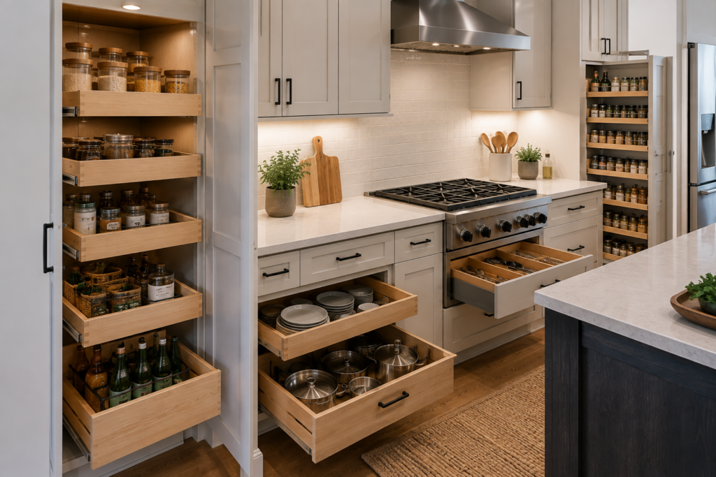 Modern kitchen with pull-out pantry shelves, deep drawers, and organized storage for cookware, dishes, and utensils