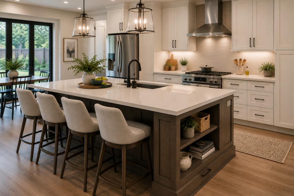 Large functional kitchen island with seating, storage, sink, and open space for meal prep and gathering