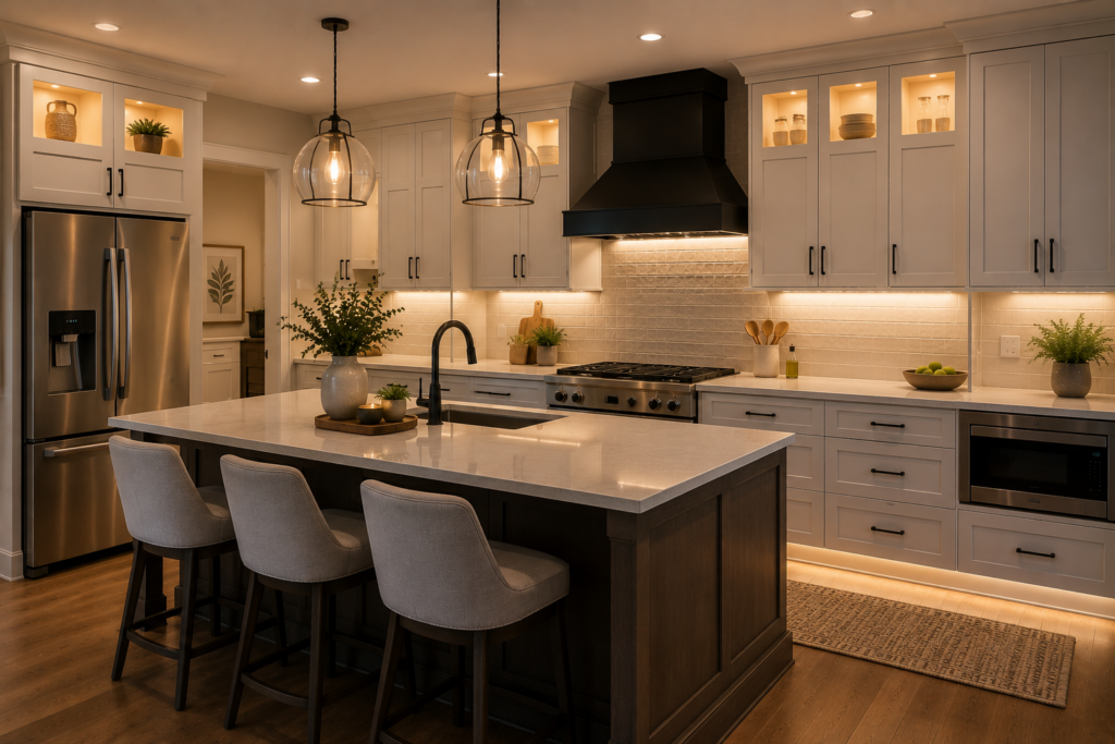 Well-lit kitchen with pendant lighting, under-cabinet lighting, recessed lights, and layered illumination for better function