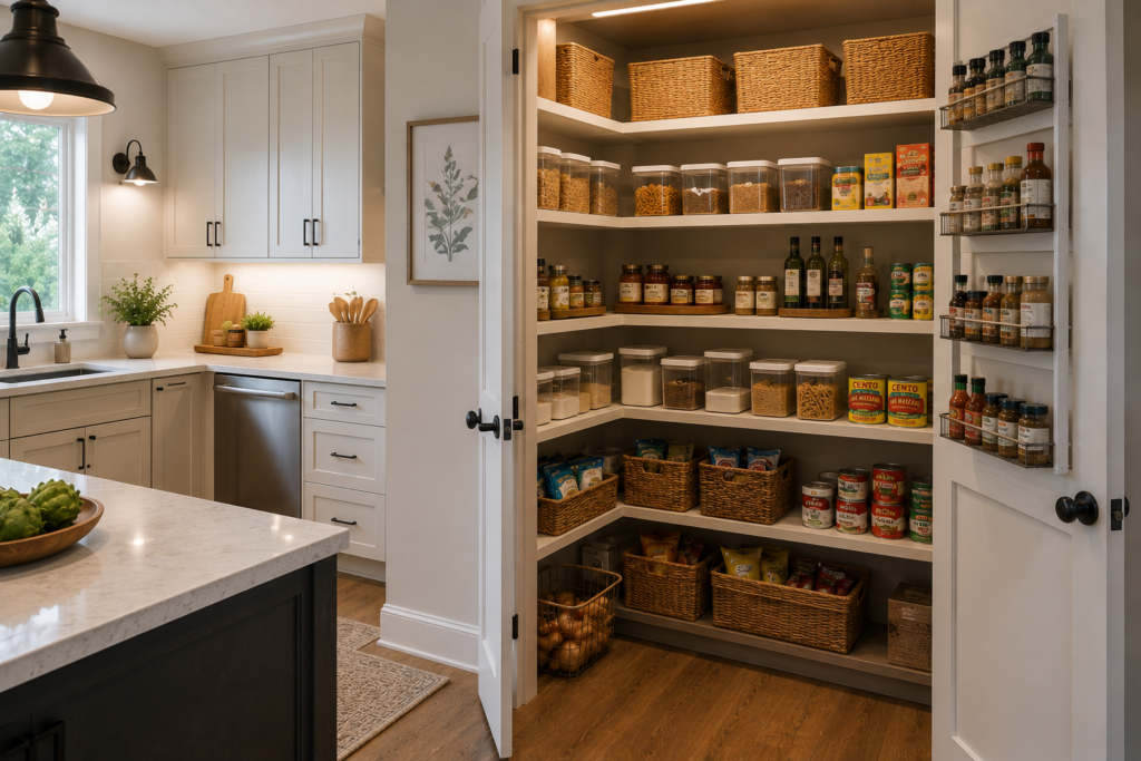 Organized walk-in kitchen pantry with shelves, baskets, food containers, and built-in storage for everyday household use