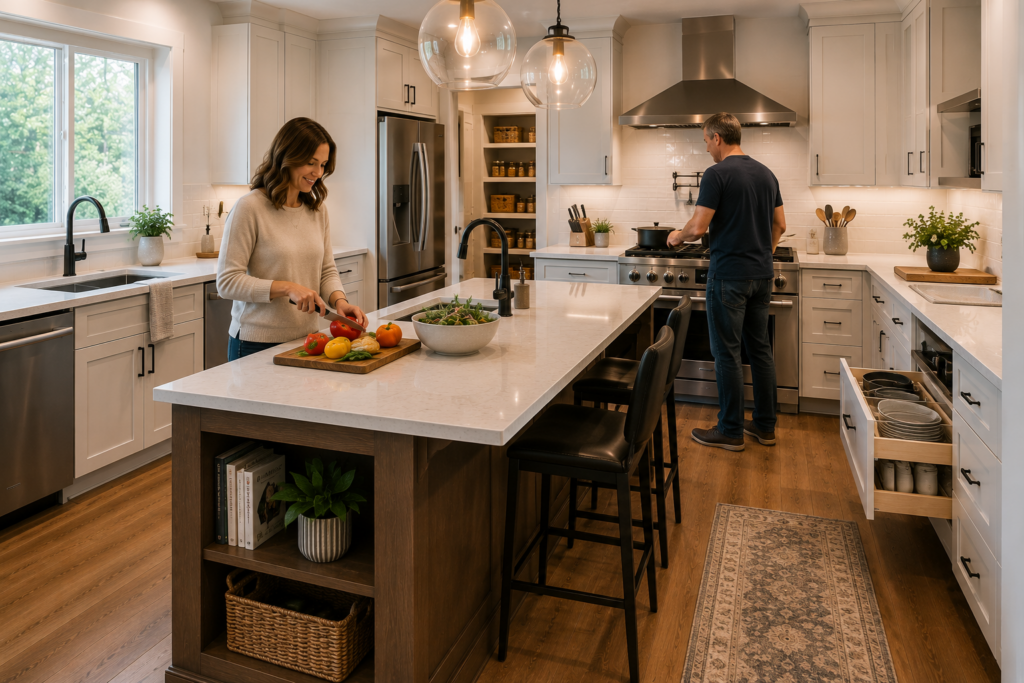 Spacious kitchen designed for two people cooking comfortably with wide walkways, island workspace, and organized storage