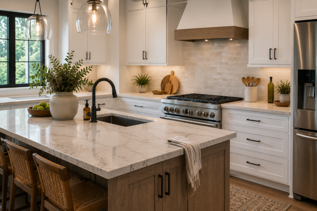 Durable kitchen materials including quartz countertops, shaker cabinets, tile backsplash, and wood-look flooring in a functional kitchen
