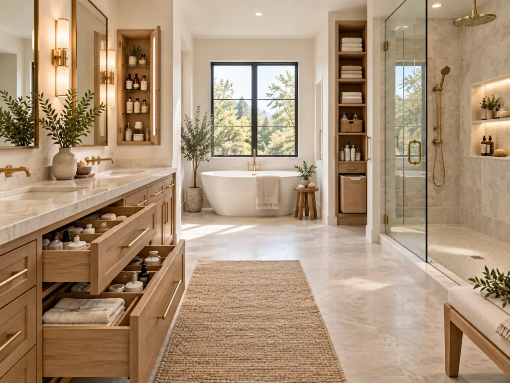 Spa bathroom with deep vanity drawers, tall linen storage, recessed cabinets, and organized hidden storage