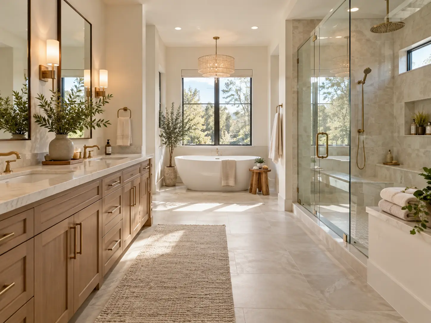 Spa-inspired primary bathroom with freestanding tub, walk-in shower, double vanity, and warm natural finishes