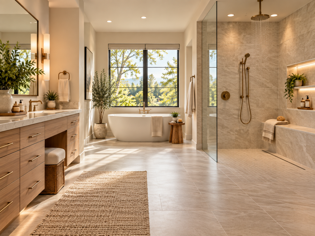 Accessible spa bathroom with curbless shower, built-in bench, handheld showerhead, wide pathways, and slip-resistant flooring