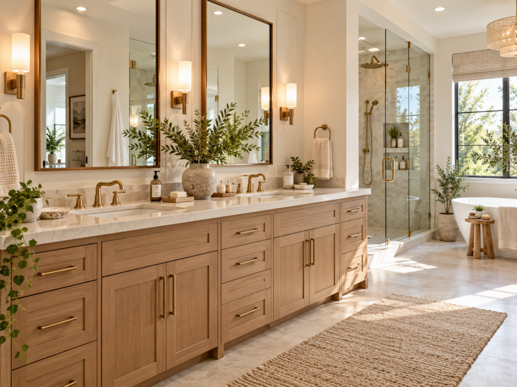 Double bathroom vanity with natural wood cabinetry, quartz countertop, large mirrors, and warm wall lighting