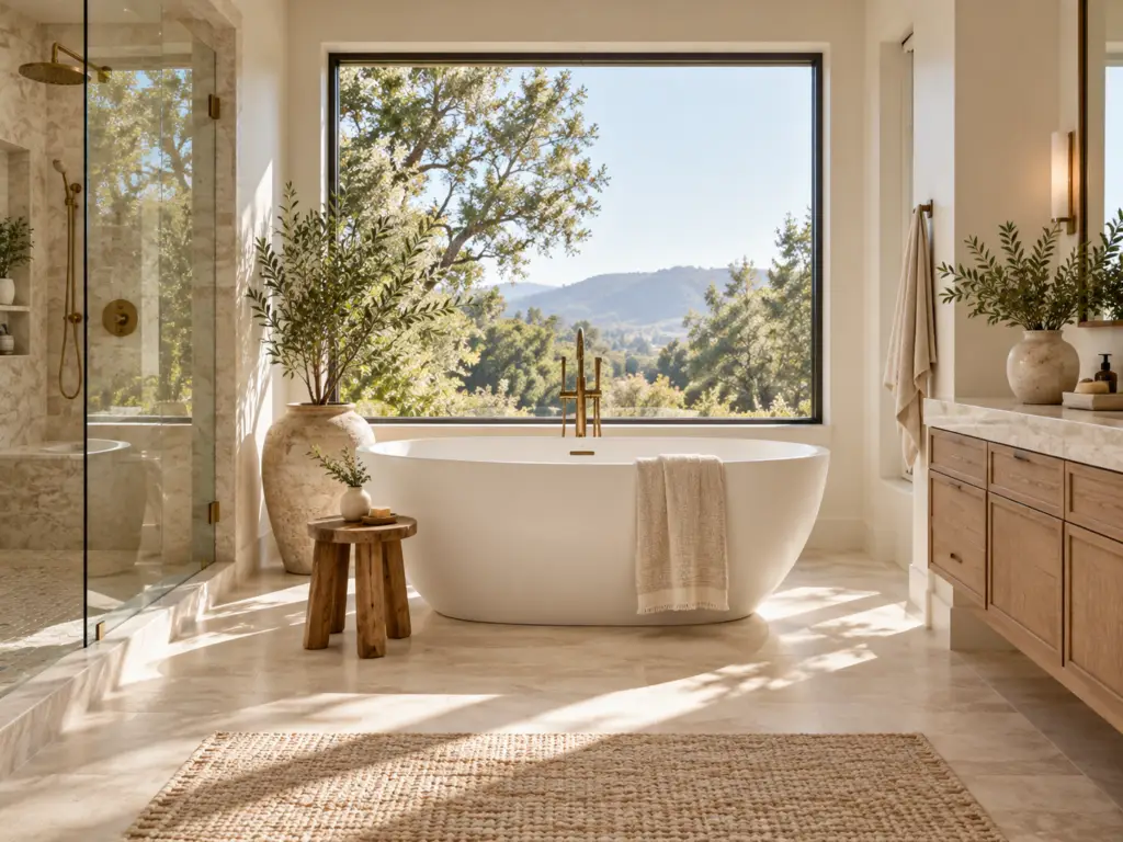 Freestanding soaking tub beside a large window in a bright spa-inspired bathroom with natural finishes