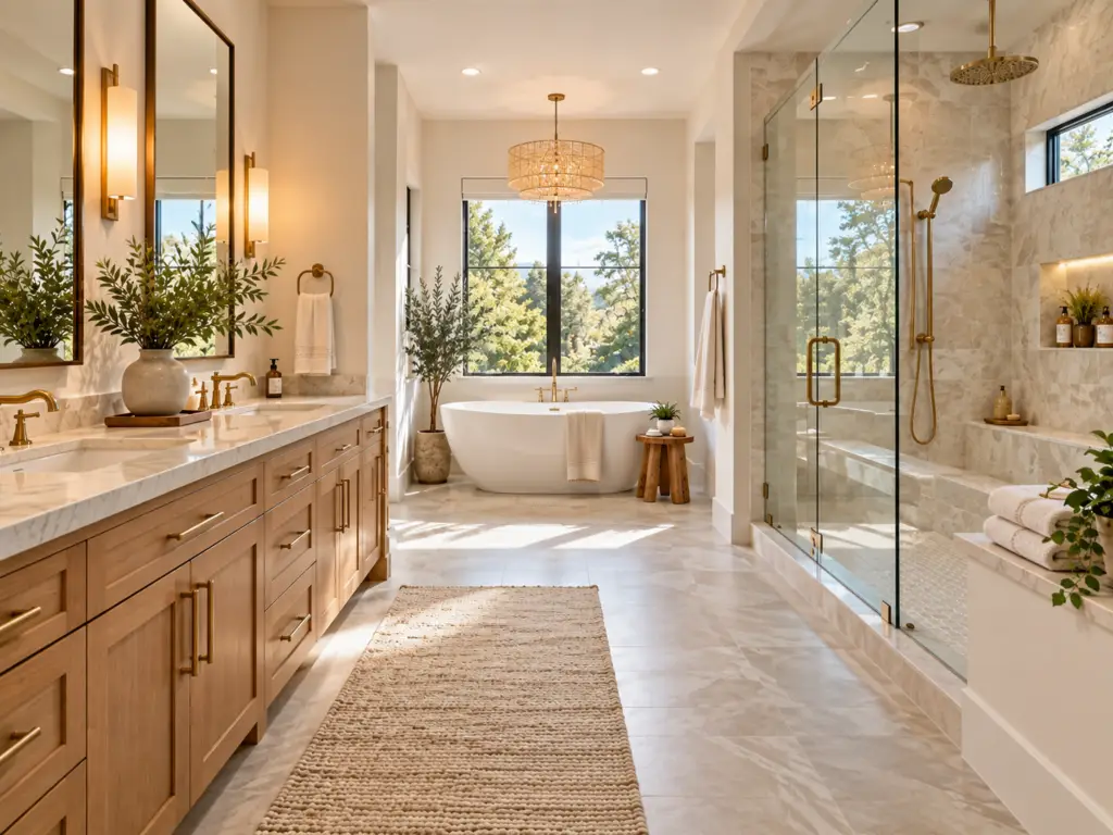 Updated spa-style primary bathroom with walk-in shower, freestanding tub, double vanity, and timeless finishes