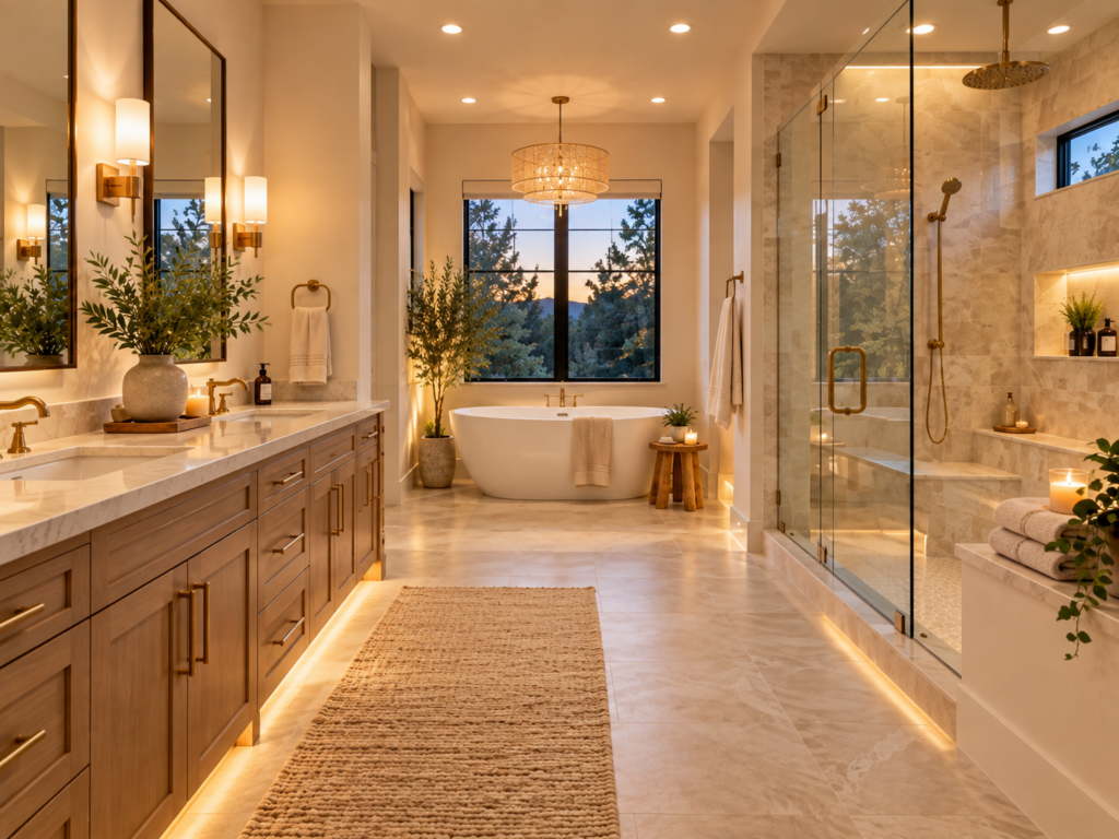Spa-inspired bathroom with layered lighting, illuminated shower niche, vanity sconces, and soft ambient lighting