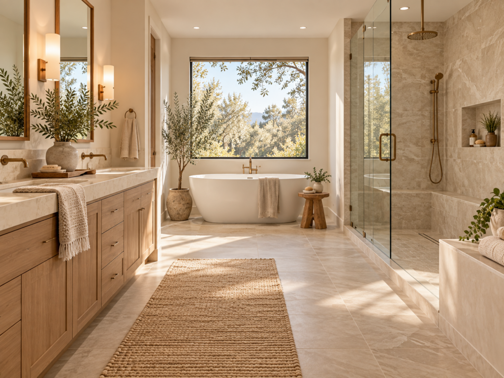 Warm spa bathroom with natural wood vanity, stone-look tile, soft neutral colors, and organic design accents