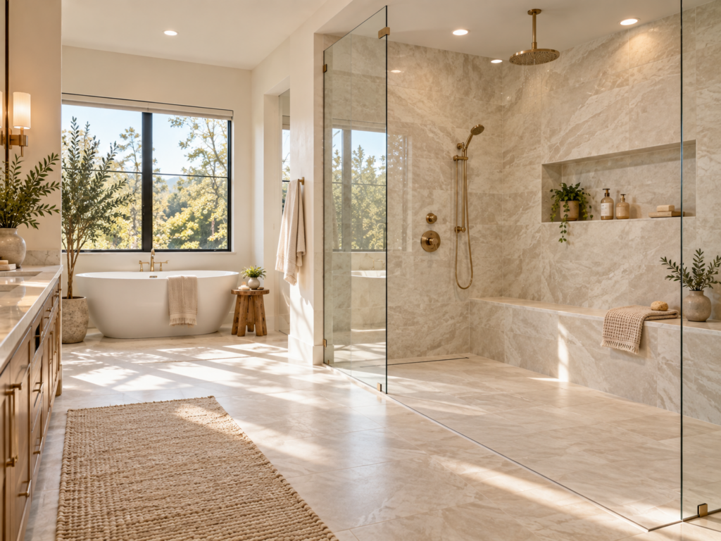 Large curbless walk-in shower with frameless glass, built-in bench, rainfall showerhead, and recessed storage niche