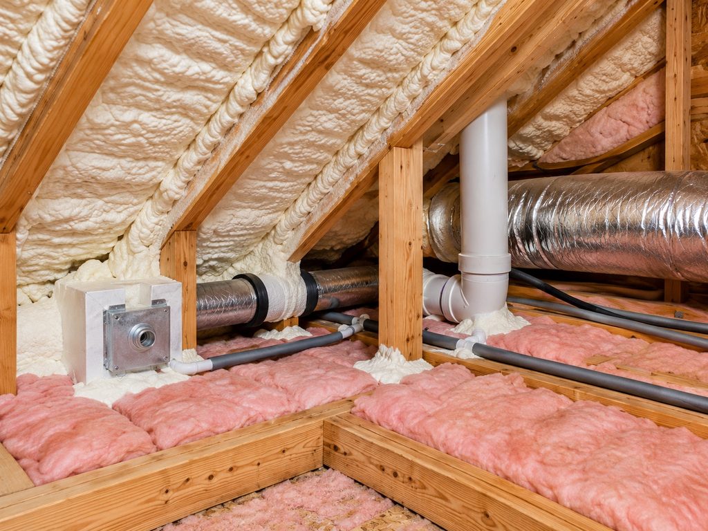 Attic insulation and air sealing upgrades with spray foam, fiberglass insulation, and sealed penetrations
