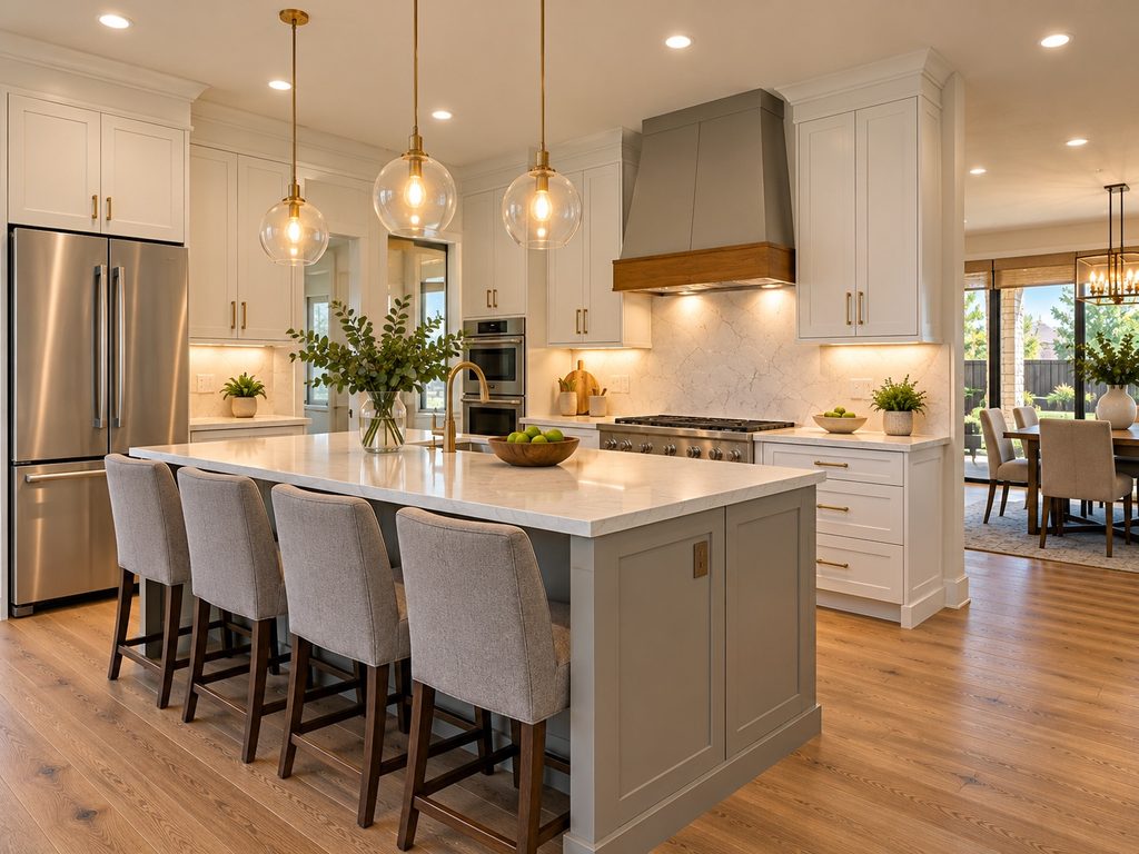 Updated kitchen with energy-efficient appliances, LED lighting, and modern remodeling finishes